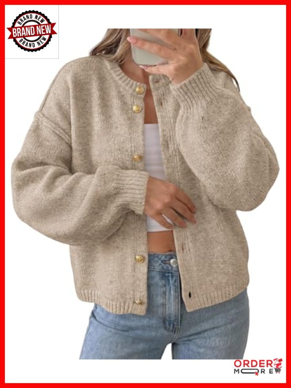 Oversized Chunky Knit Cardigan Sweater Crew Neck Button Lantern Sleeve